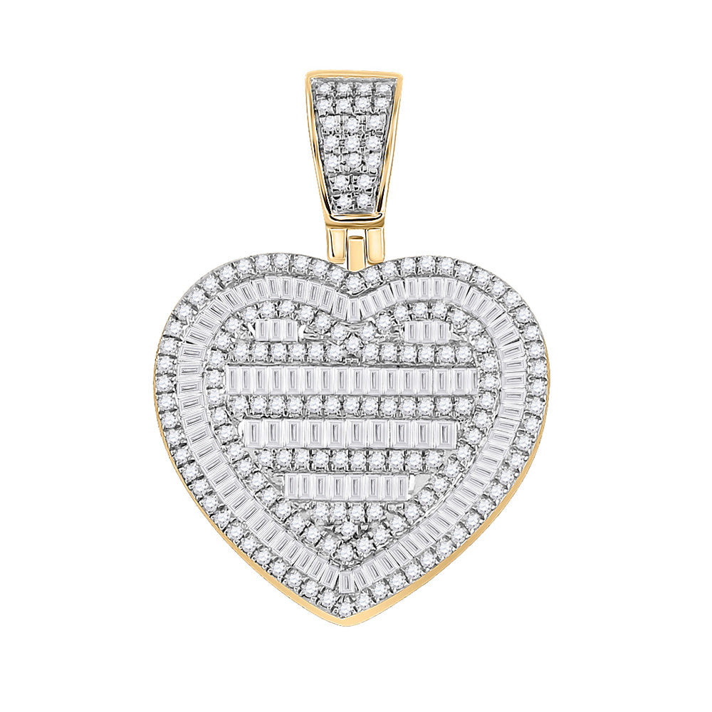 10K Yellow Gold Mens Baguette Diamond Heart Charm Pendant 1-1/3 Cttw, Length: 1.2 In, Width: 0.85 In