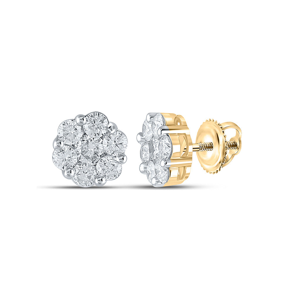 14K Yellow Gold Womens Round Diamond Flower Cluster Earrings 2 Cttw
