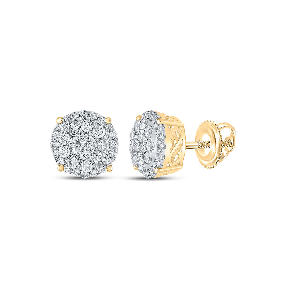 14K Yellow Gold Womens Round Diamond Cluster Earrings 1 Cttw, Length: 0.36 In, Width: 0.39 In