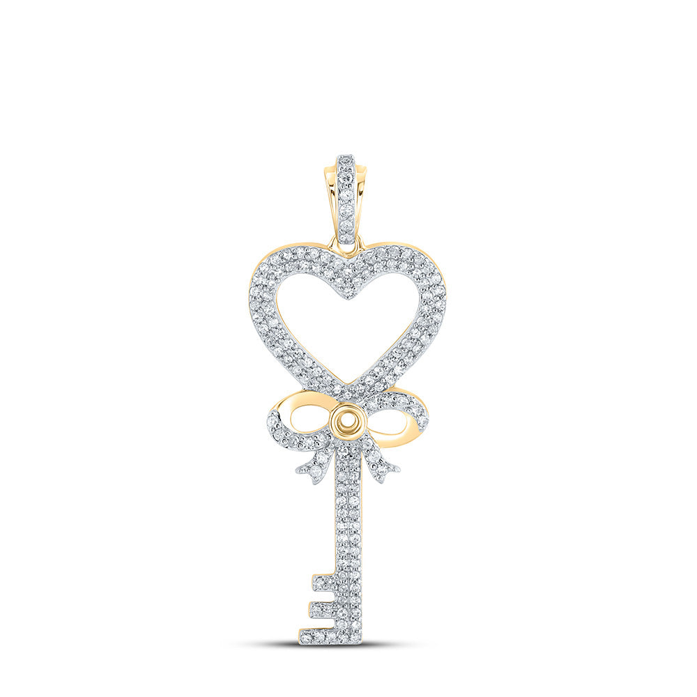 10K Yellow Gold Womens Round Diamond Heart Key Pendant 1/2 Cttw