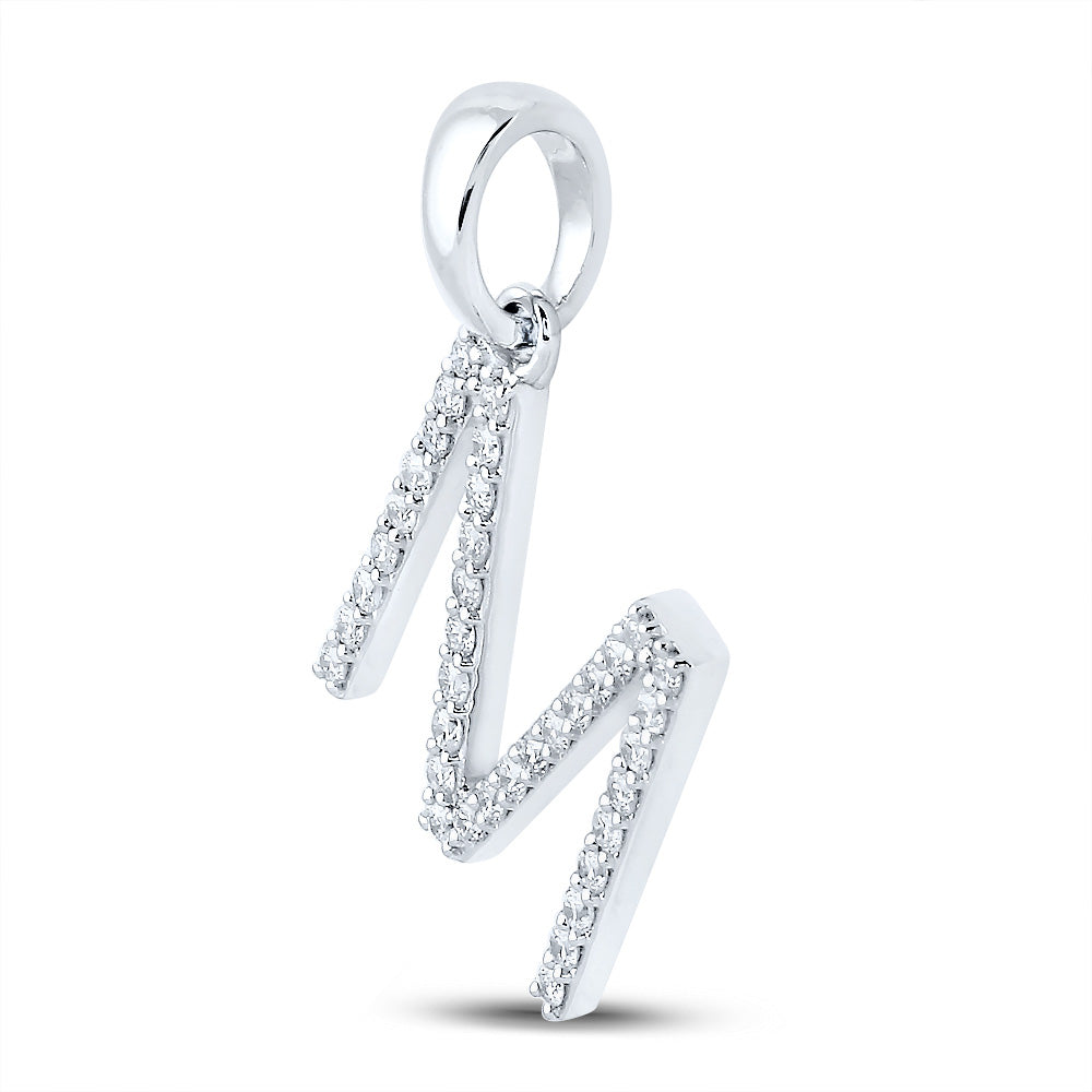 10K White Gold Womens Round Diamond M Initial Letter Pendant 1/4 Cttw, Length: 0.8 In, Width: 0.46 In