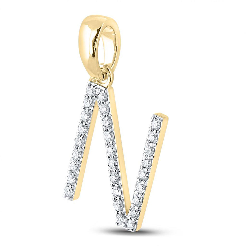 10K Yellow Gold Womens Round Diamond N Initial Letter Pendant 1/5 Cttw, Length: 0.8 In, Width: 0.46 In