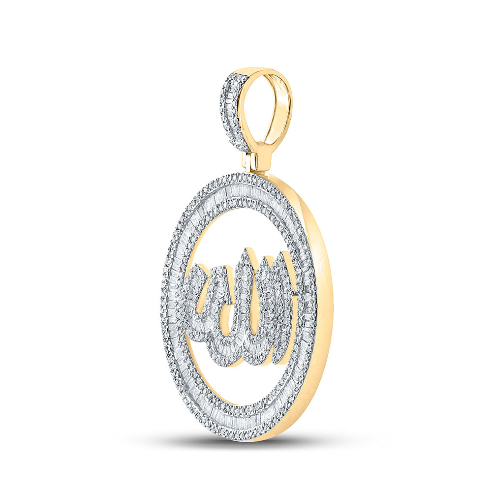 10K Yellow Gold Mens Baguette Diamond Allah Circle Charm Pendant 2 Cttw