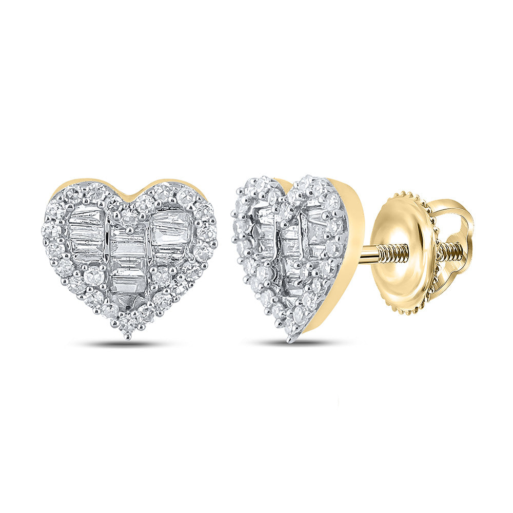 10K White Or Yellow Gold Womens Baguette Diamond Heart Earrings