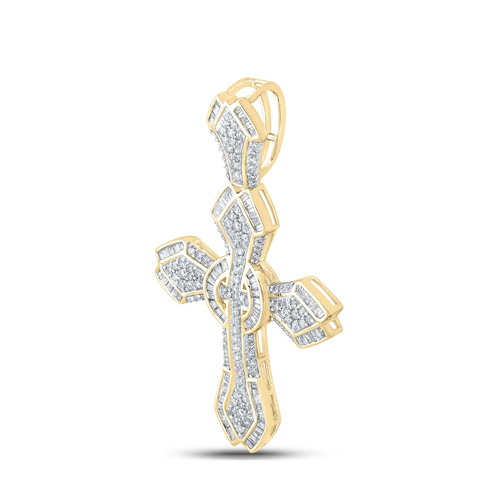10K Yellow Gold Mens Baguette Diamond Cross Charm Pendant 1-5/8 Cttw, Length: 2 In, Width: 1.25 In