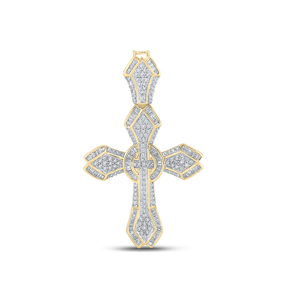 10K Yellow Gold Mens Baguette Diamond Cross Charm Pendant 1-5/8 Cttw, Length: 2 In, Width: 1.25 In