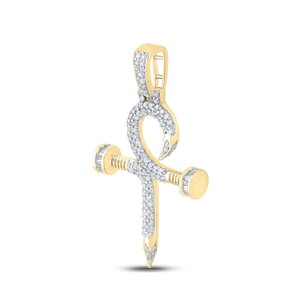 10K Yellow Gold Mens Baguette Diamond Nail Cross Ankh Charm Pendant 3/4 Cttw