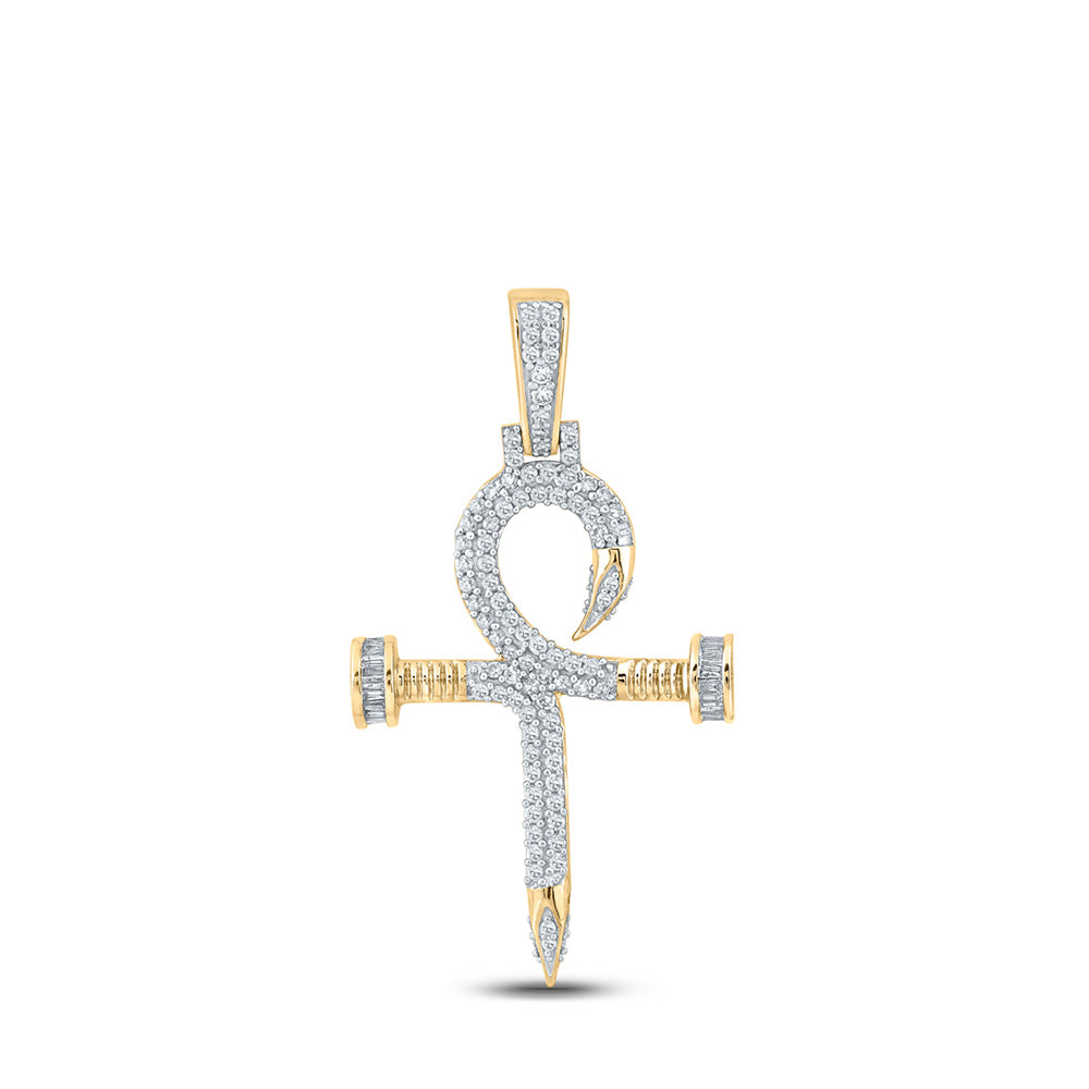 10K Yellow Gold Mens Baguette Diamond Nail Cross Ankh Charm Pendant 3/4 Cttw