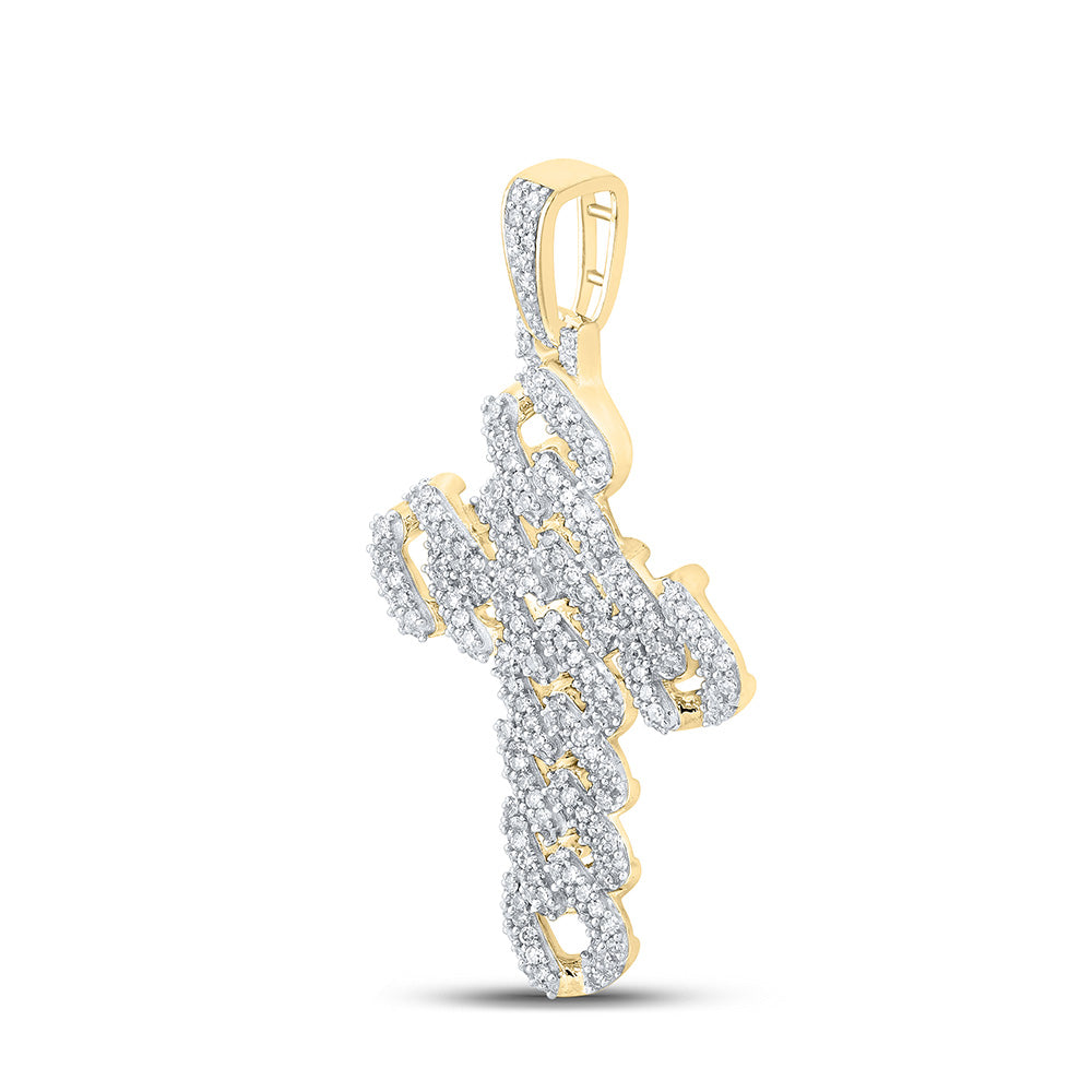 10K Yellow Gold Mens Round Diamond Cuban Link Cross Charm Pendant 1-3/4 Cttw