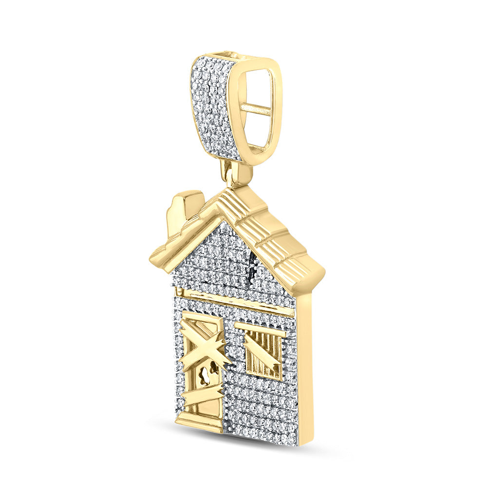 10K Yellow Gold Mens Round Diamond Trap House Charm Pendant 3/4 Cttw, Length: 1.5 In, Width: 0.92 In