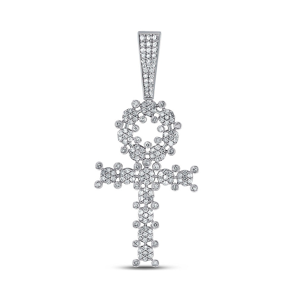 10K White Gold Mens Round Diamond Ankh Cross Charm Pendant 1 Cttw