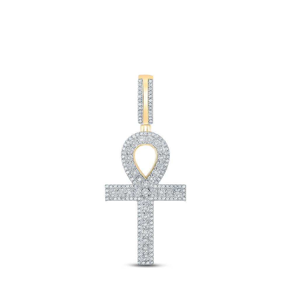 10K Yellow Gold Mens Round Diamond Ankh Cross Charm Pendant 3/8 Cttw