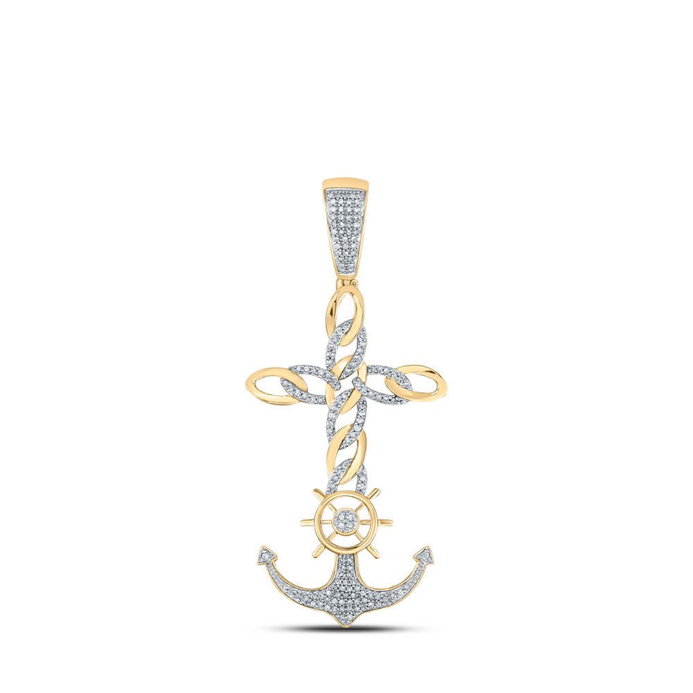 10K Yellow Gold Mens Round Diamond Anchor Cross Charm Pendant 3/8 Cttw, Length: 2.2 In, Width: 0.86 In