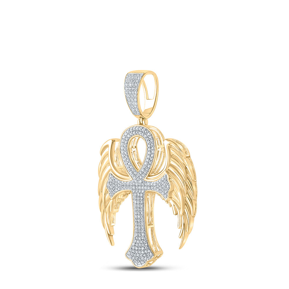 10K Yellow Gold Mens Round Diamond Wing Ankh Cross Charm Pendant 5/8 Cttw