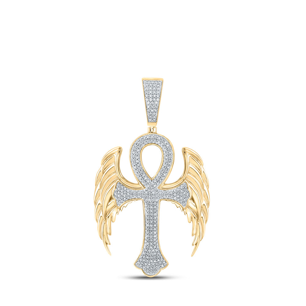 10K Yellow Gold Mens Round Diamond Wing Ankh Cross Charm Pendant 5/8 Cttw