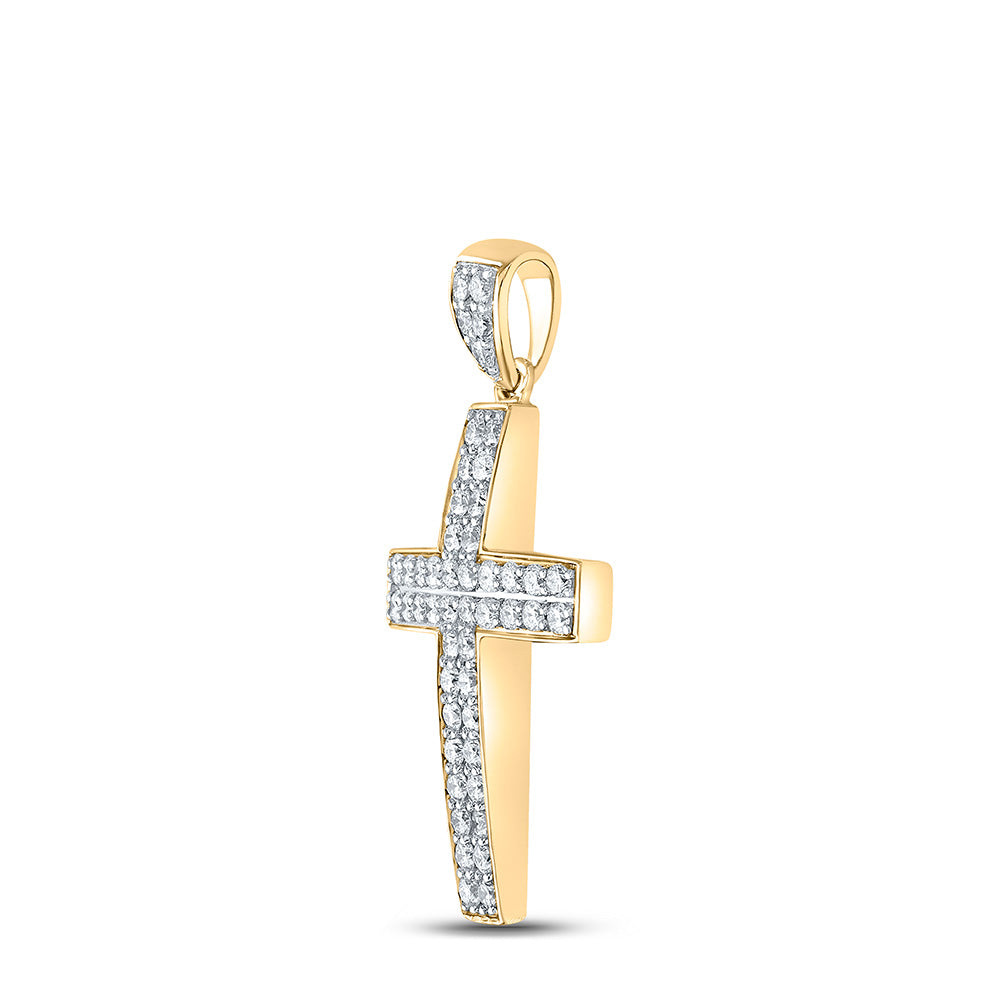 10K Yellow Gold Mens Round Diamond Cross Charm Pendant 1 Cttw