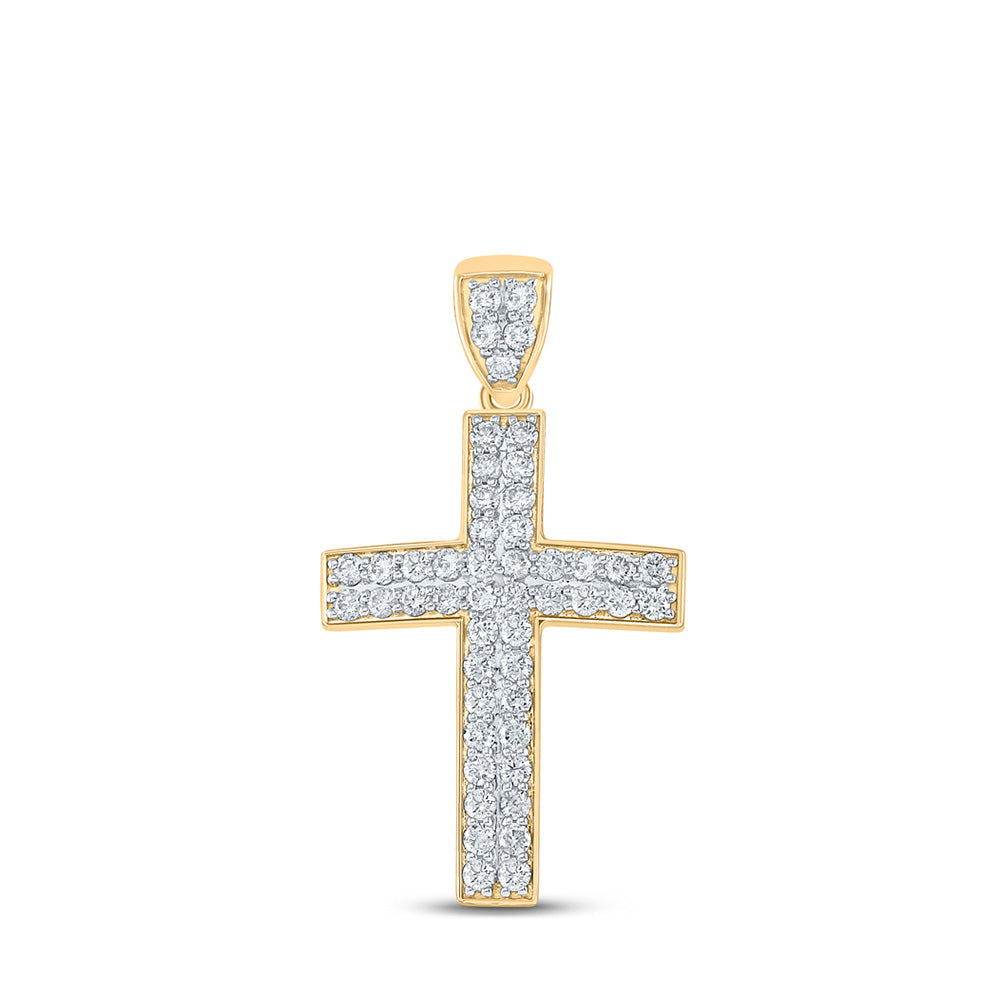 10K Yellow Gold Mens Round Diamond Cross Charm Pendant 1 Cttw