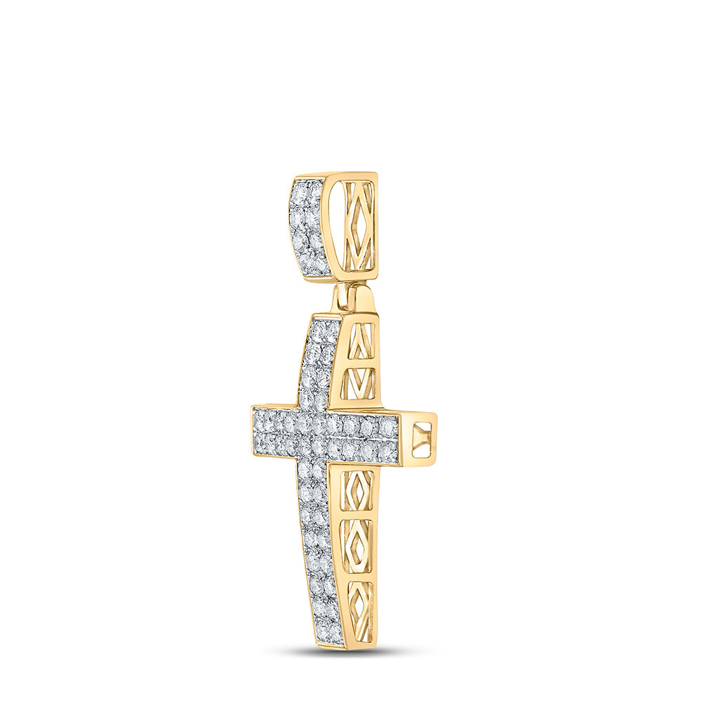 10K Yellow Gold Mens Round Diamond Cross Charm Pendant 1 Cttw, Length: 1.54 In, Width: 0.78 In