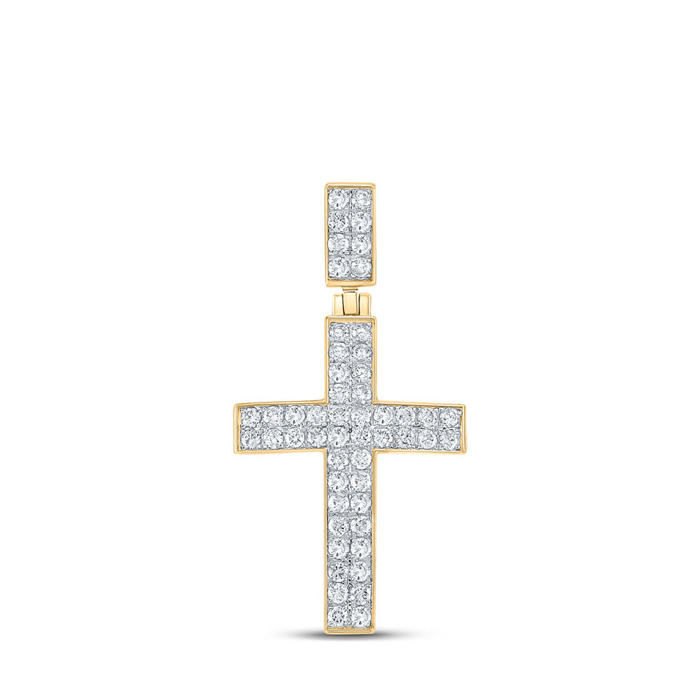10K Yellow Gold Mens Round Diamond Cross Charm Pendant 1 Cttw, Length: 1.54 In, Width: 0.78 In