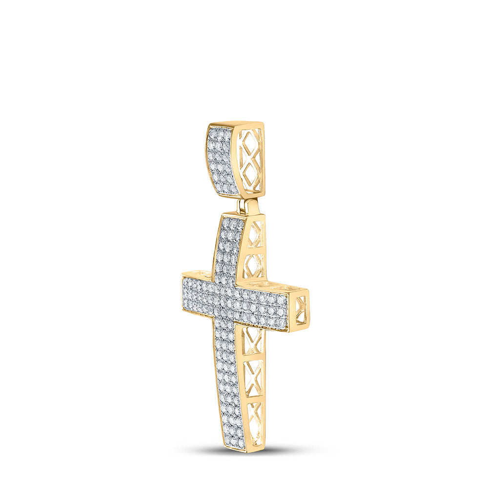 10K Yellow Gold Mens Round Diamond Cross Charm Pendant 2 Cttw, Length: 2.15 In, Width: 1.09 In