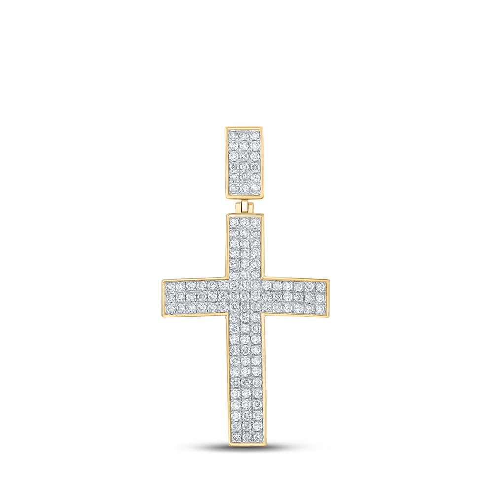 10K Yellow Gold Mens Round Diamond Cross Charm Pendant 2 Cttw, Length: 2.15 In, Width: 1.09 In