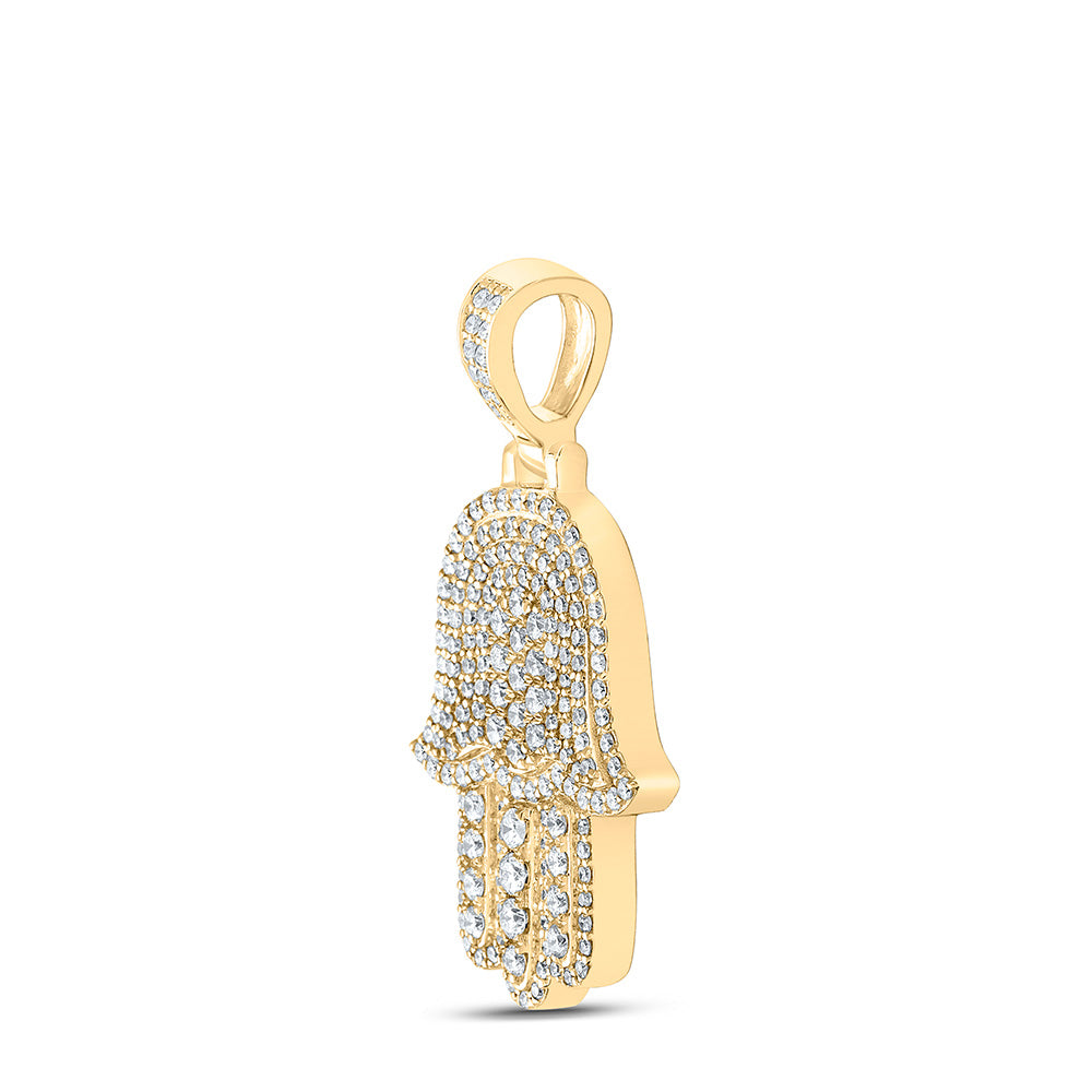 10K Yellow Gold Mens Round Diamond Hamsa Charm Pendant 2 Cttw, Length: 1.65 In, Width: 0.91 In