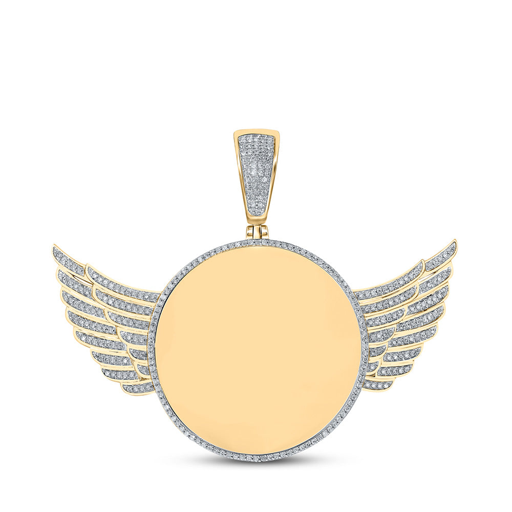 10K Yellow Gold Mens Round Diamond Wing Memory Circle Charm Pendant 3/4 Cttw, Length: 2.05 In, Width: 2.52 In