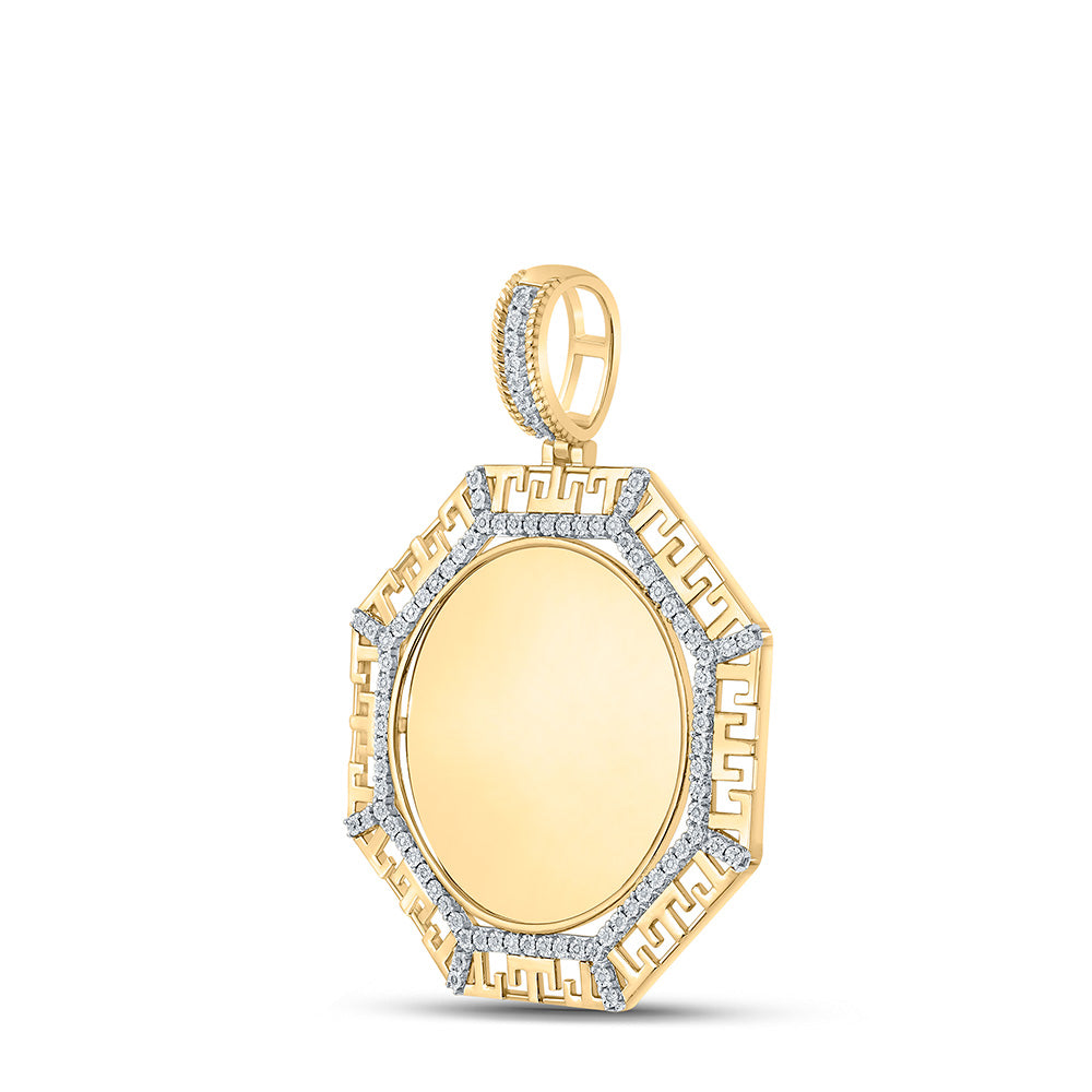 10K Yellow Gold Mens Round Diamond Picture Memory Octagon Charm Pendant 1/4 Cttw