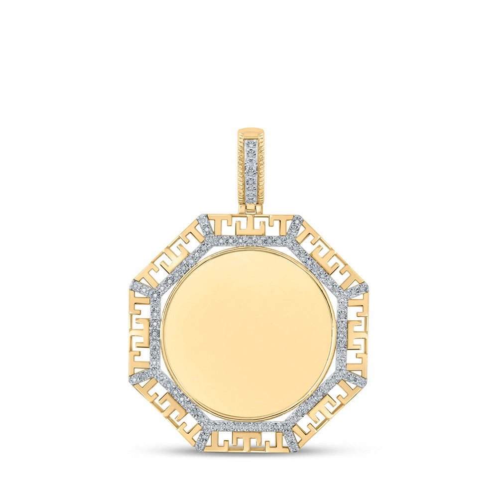 10K Yellow Gold Mens Round Diamond Picture Memory Octagon Charm Pendant 1/4 Cttw