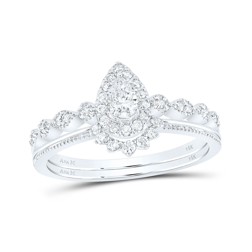 14K White Gold Pear Diamond Bridal Wedding Ring Band Set 3/8 Cttw, Womens Size: 5-10