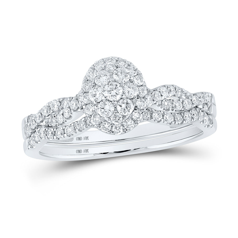 10K White Gold Round Diamond Cluster Bridal Wedding Ring Band Set 1/2 Cttw, Womens Size: 5-10