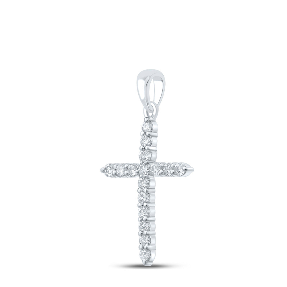 10K White Gold Womens Round Diamond Cross Pendant 1/2 Cttw