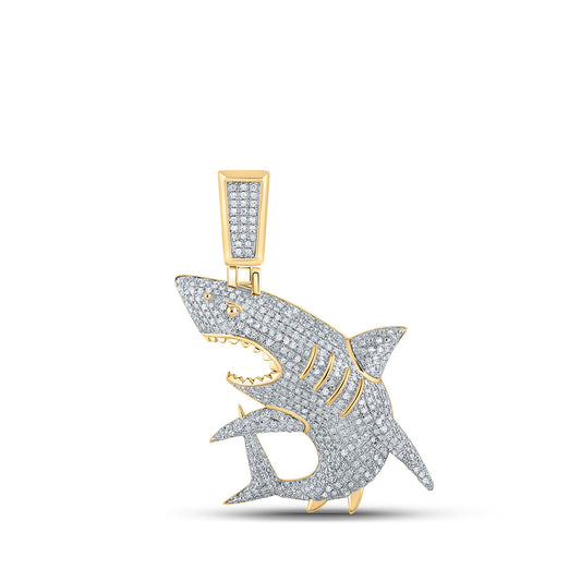 10K Yellow Gold Mens Round Diamond Shark Charm Pendant 1 Cttw, Length: 1.54 In