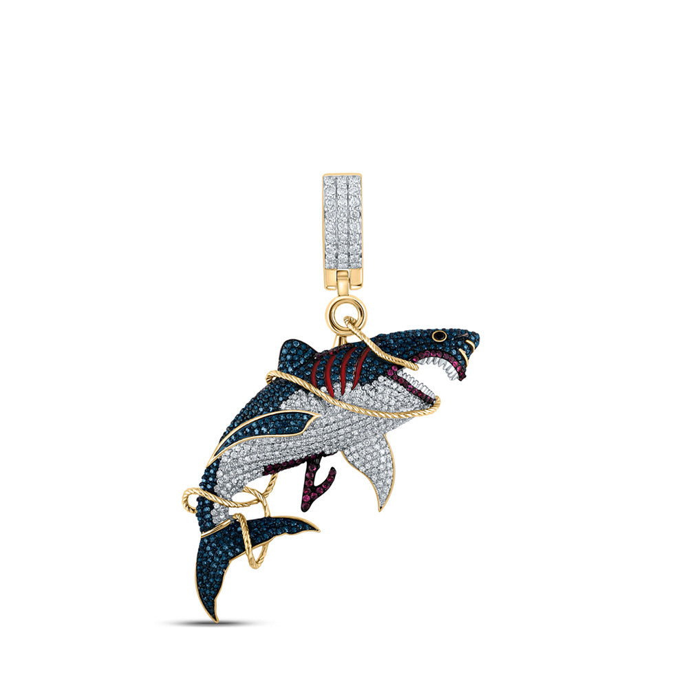 14K Yellow Gold Mens Round Diamond Shark Animal Charm Pendant 1-1/2 Cttw