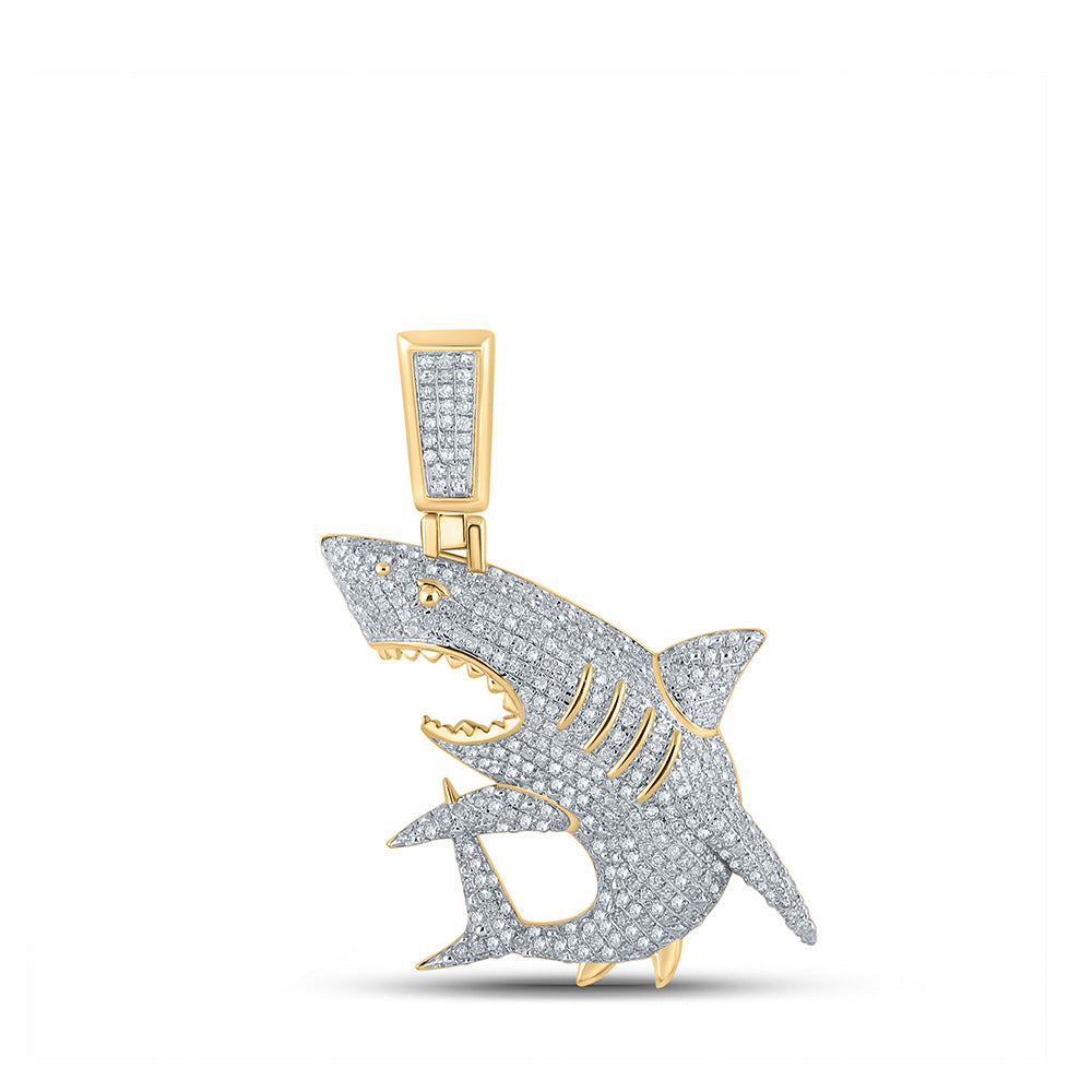 10K Yellow Gold Mens Round Diamond Shark Animal Charm Pendant 7/8 Cttw, Length: 1.81 In