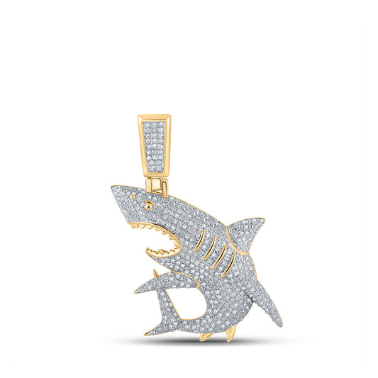 10K Yellow Gold Mens Round Diamond Shark Animal Charm Pendant 7/8 Cttw, Length: 1.81 In
