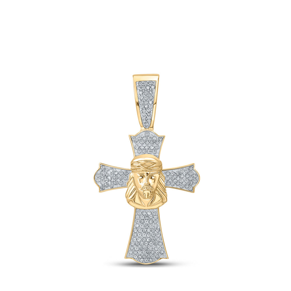 10K Yellow Gold Mens Round Diamond Jesus Cross Charm Pendant 1/2 Cttw