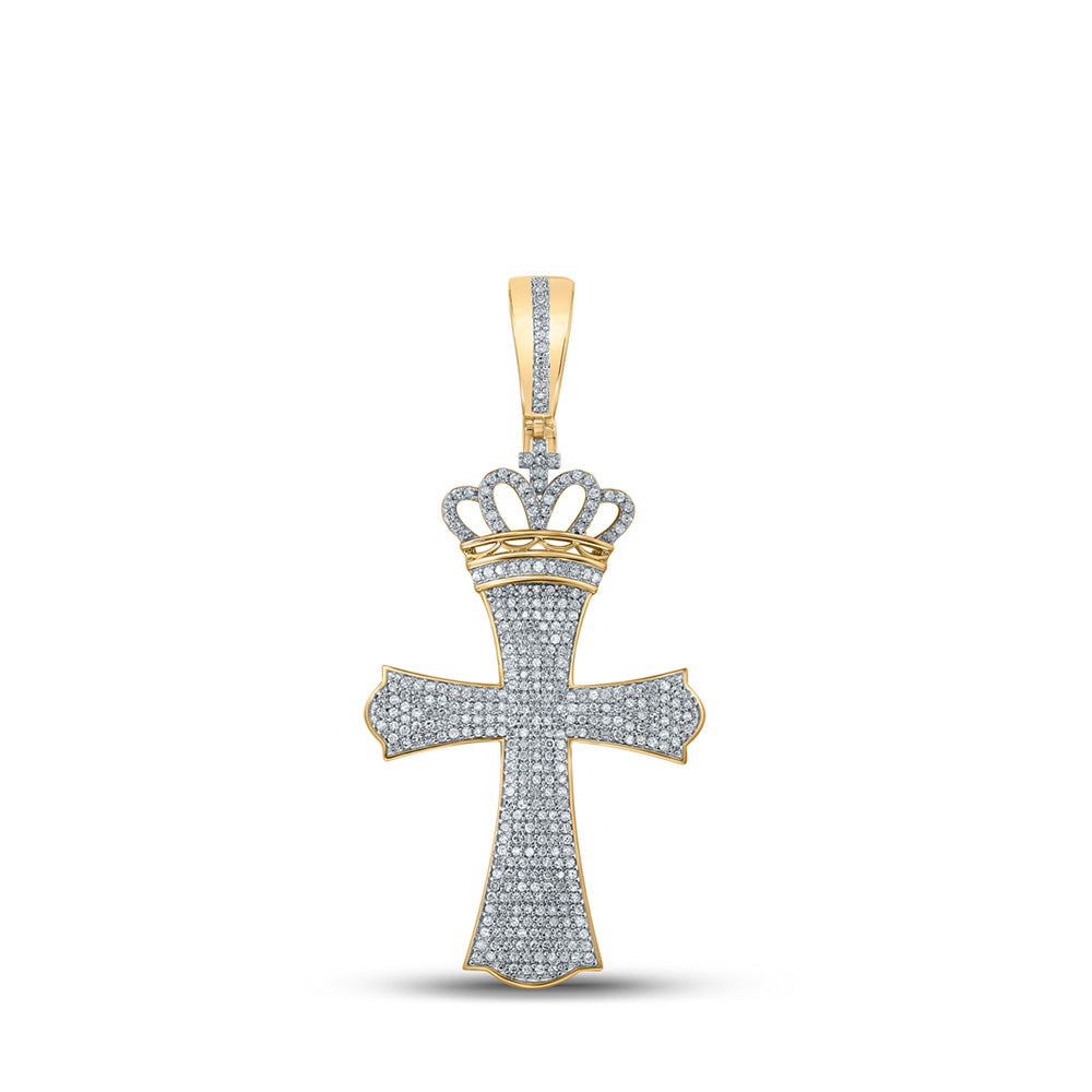 10K Yellow Gold Mens Round Diamond Crown Cross Charm Pendant 1 Cttw