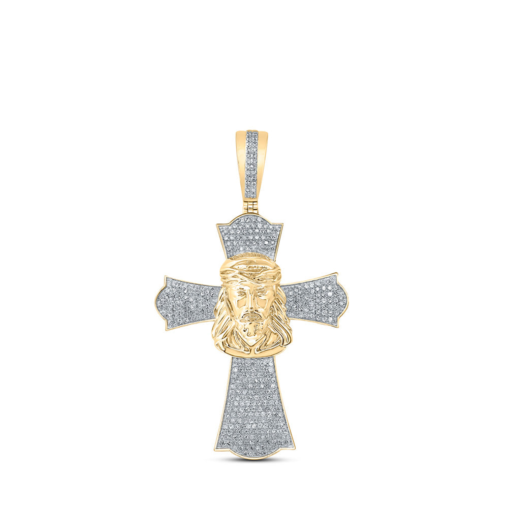 10K Yellow Gold Mens Round Diamond Jesus Cross Charm Pendant 1 Cttw