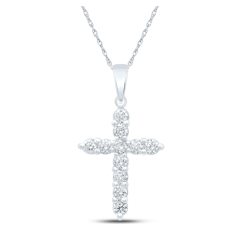 14K White Gold Womens Round Diamond Cross Pendant 1 Cttw