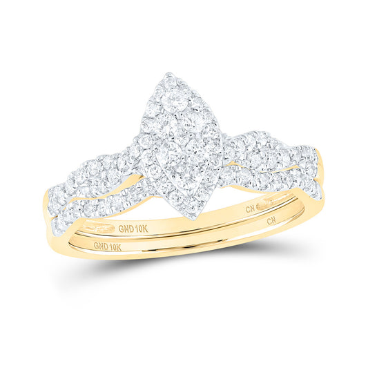 10K Yellow Gold Round Diamond Cluster Bridal Wedding Ring Band Set 1/2 Cttw, Womens Size: 5-10