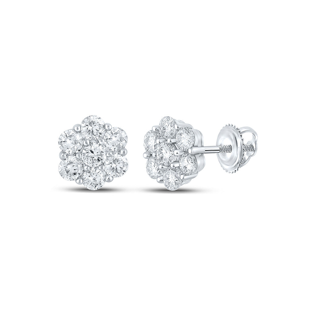 14K White Gold Round Diamond Flower Cluster Earrings 1-7/8 Cttw