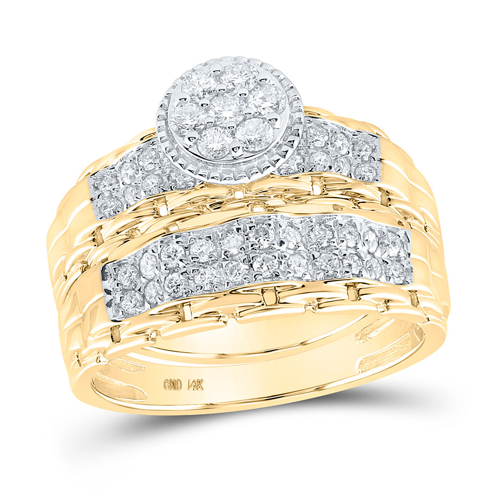 14K White Or Yellow Gold His Hers Round Diamond Cluster Matching Wedding Set , Womens Size: 5-10, Mens Size: 7-13