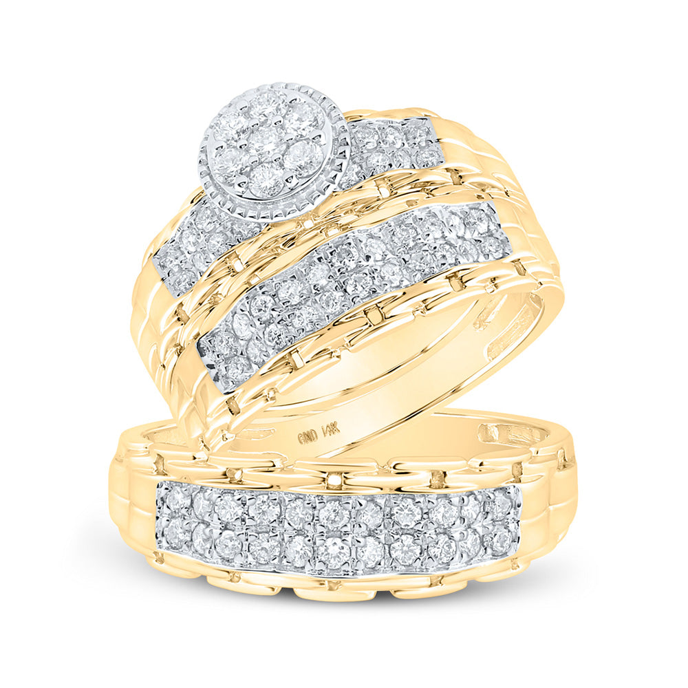 14K White Or Yellow Gold His Hers Round Diamond Cluster Matching Wedding Set , Womens Size: 5-10, Mens Size: 7-13