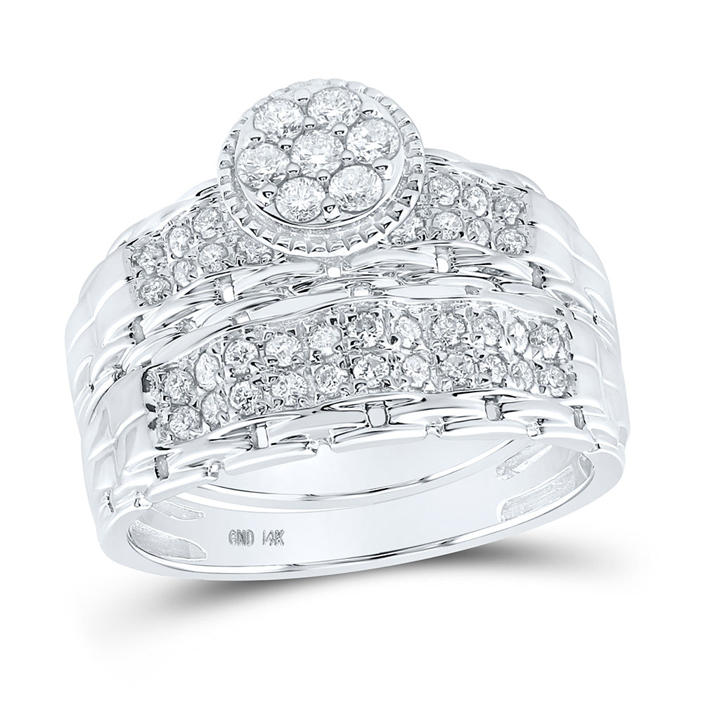 14K White Or Yellow Gold His Hers Round Diamond Cluster Matching Wedding Set , Womens Size: 5-10, Mens Size: 7-13