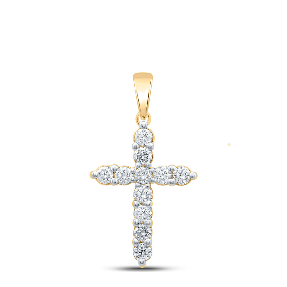 14K Yellow Gold Womens Round Diamond Cross Pendant 1 Cttw