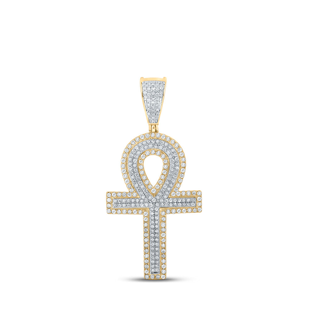 10K Two-tone Gold Mens Round Diamond Ankh Cross Charm Pendant 7/8 Cttw