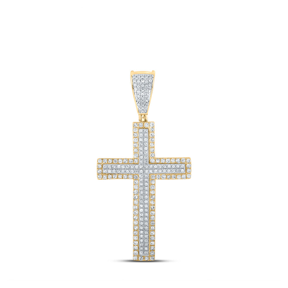 10K Two-tone Gold Mens Round Diamond Cross Charm Pendant 3/4 Cttw