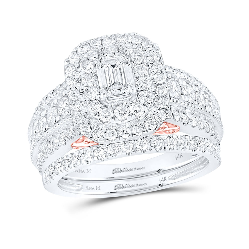 14K Two-tone Gold Emerald Diamond Halo Bridal Wedding Ring Band Set 2 Cttw, Womens Size: 5-10