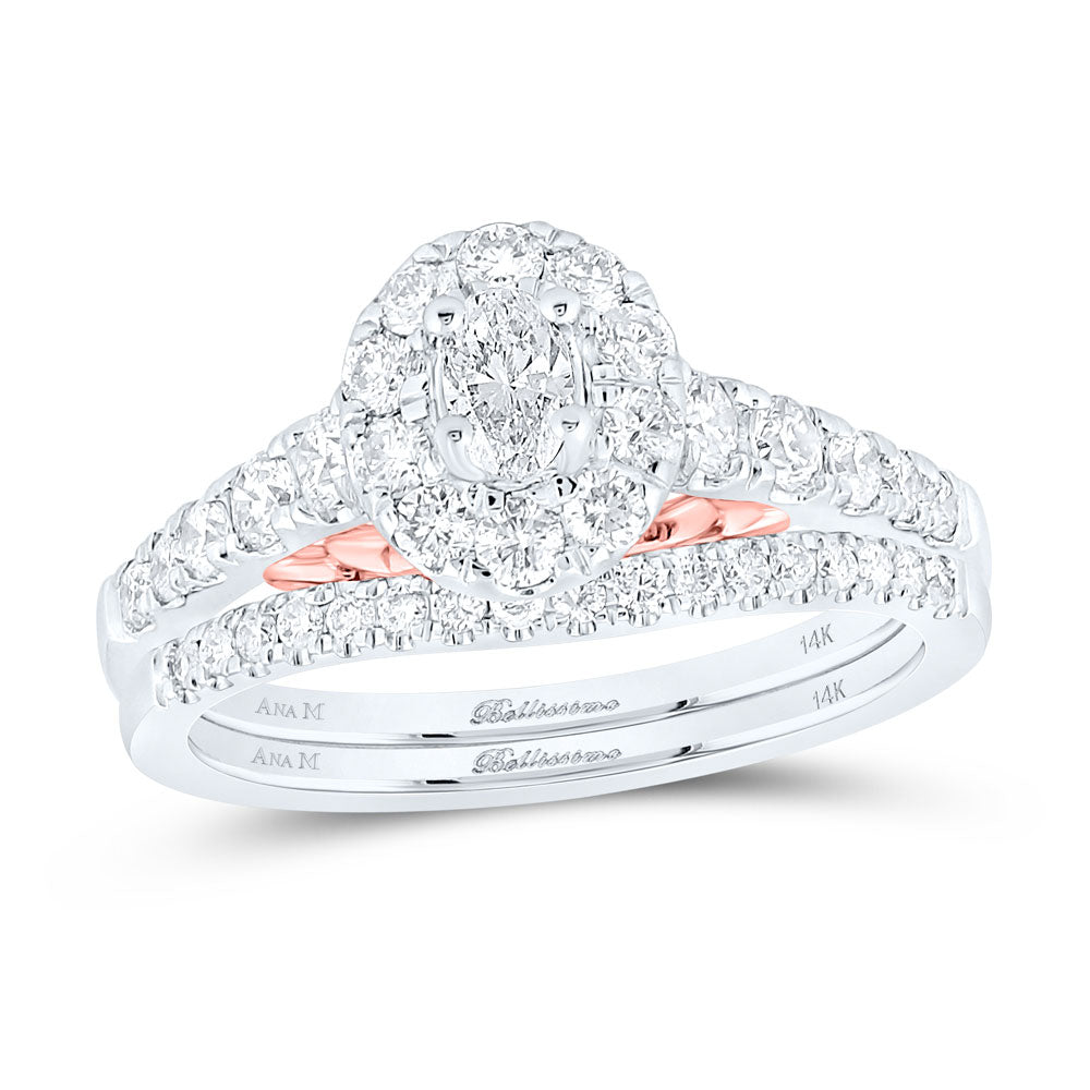 14K Two-tone Gold Oval Diamond Halo Bridal Wedding Ring Band Set 1 Cttw, Womens Size: 5-10